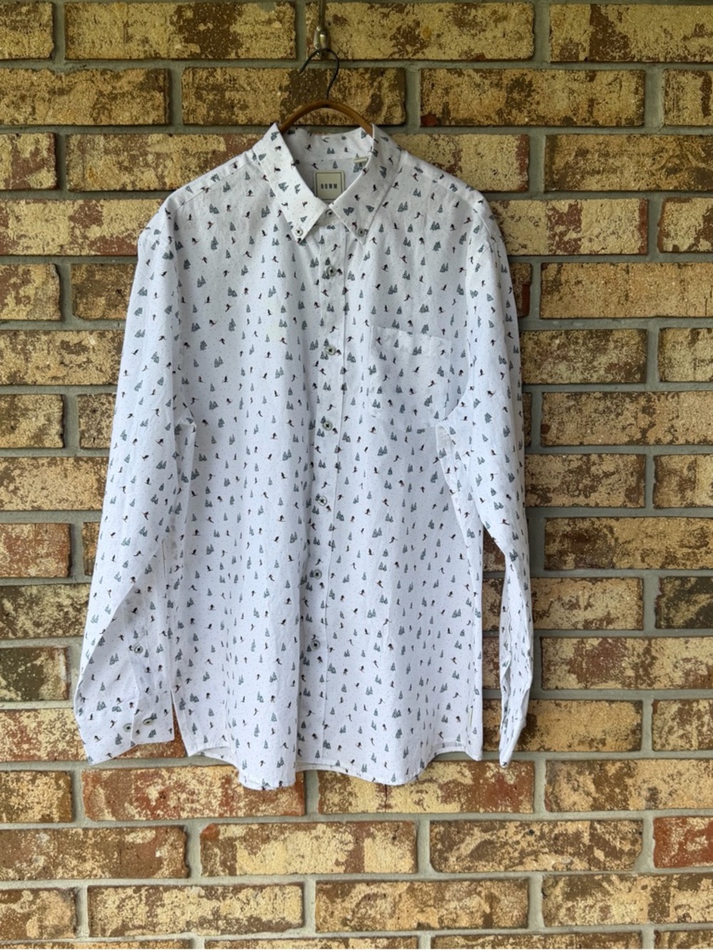 Men’s ROWM Shirt Size XL AOP Pine & Skier Long Sleeves Beautiful Condition!